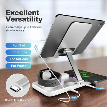 Wireless Charging Station, WLP Power 6-in-1 15W Dock with Clock, Atmosphere Light and Four-Device Layout