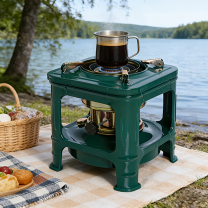 Military Green Kerosene Camping Stove with Pot Supports and Adjustable Wick Control, 740g Outdoor-Only Cooking Unit