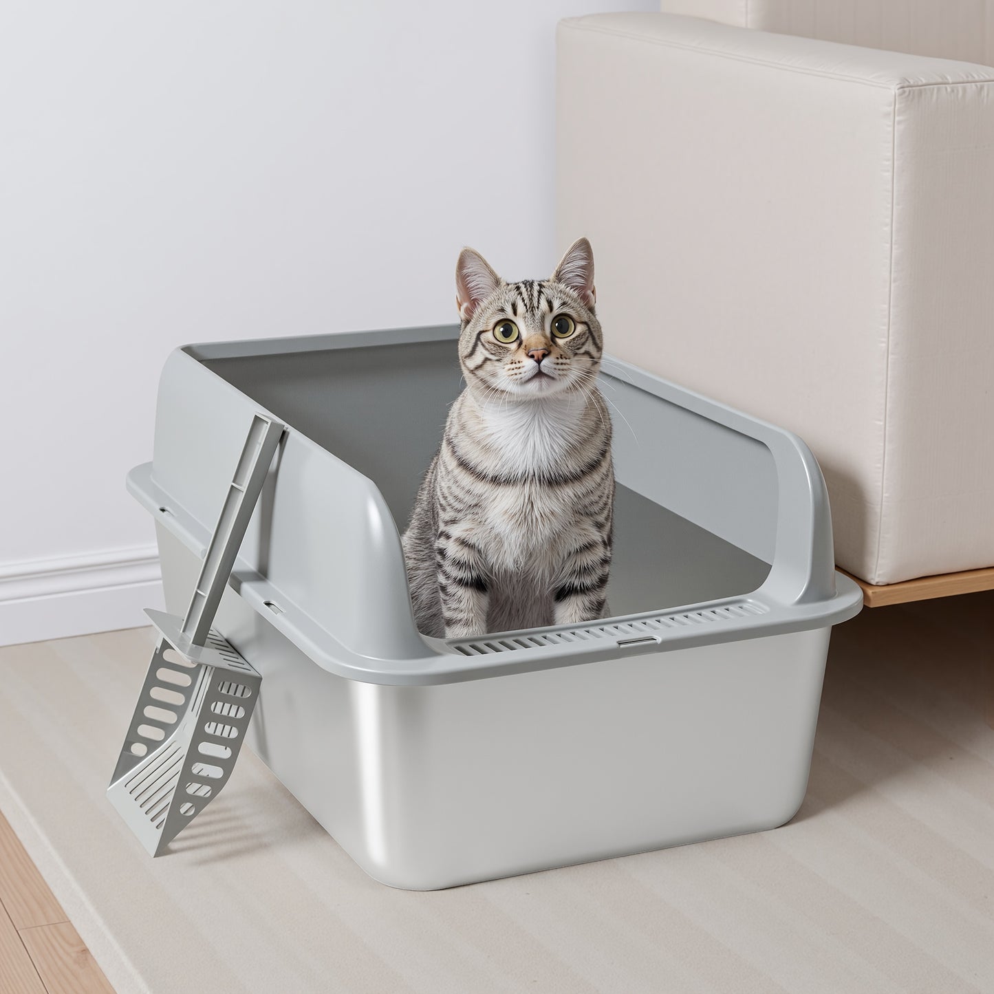 Stainless Steel Cat Litter Box with High Sides & Lid – Metal Litter Pan Anti-Leak Non-Stick Easy Clean Indoor Cat Toilet with Scoop
