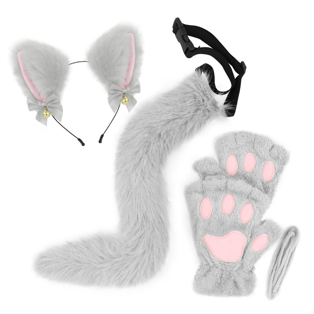Cat Costume Set 3 Piece, Bell Ear Headband, Plush Paw Gloves & Adjustable Tail for Halloween, Cosplay