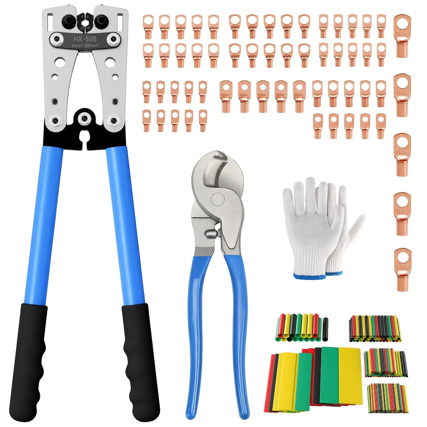 Battery Cable Lug Crimping Tool Set AWG 8-1/0 Ratchet Crimper with Copper Wire Lugs, Heat Shrink Tubing