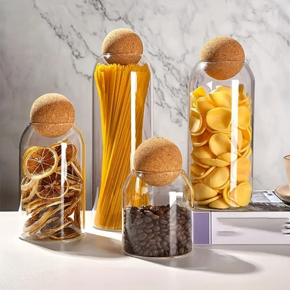 Glass Storage Jars with Cork Lid Set of 3 | 17oz 500ml Airtight Glass Containers with Spherical Cork Stopper | Kitchen Organizer for Tea