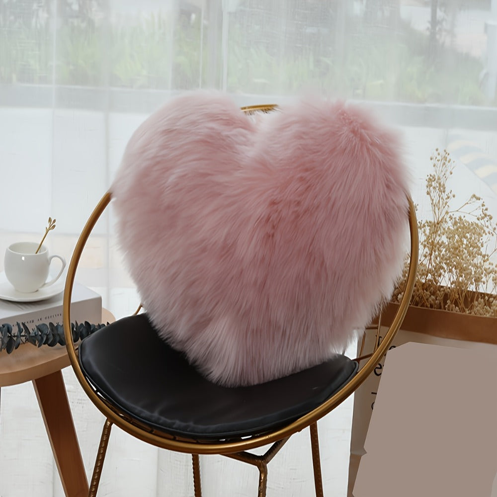 Heart Shaped Plush Pillow Cover Faux Wool Fluffy Cushion Cover for Sofa Bed Chair Car – Valentine's Day Decor Throw Pillowcase 17" Soft