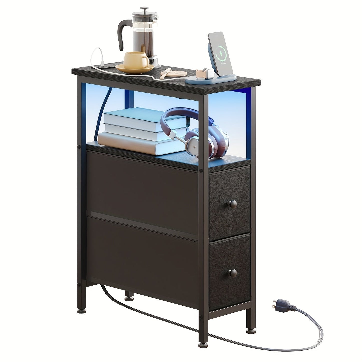 Nightstand Slim One or Two Fabric Drawers with Charging Station, LED Light and Single or Two-Pack Choice