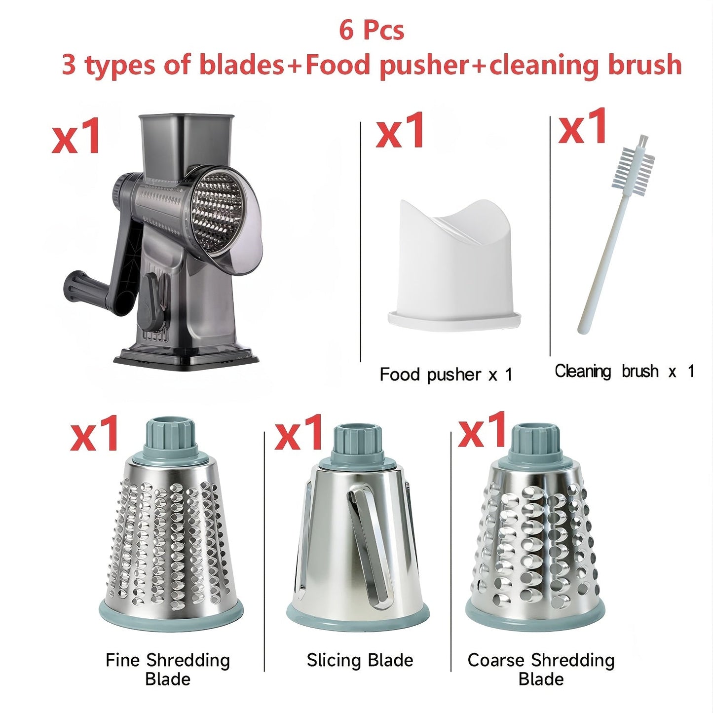Rotary Vegetable Chopper Cheese Grater 5 Interchangeable Drum Blades Suction Base Handle for Cheese Vegetables Nuts Slicing Shredding