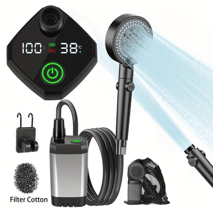 Portable Camping Shower – 6000mAh Battery, 120-Min Runtime, 6 Spray Modes, Smart Display, for Camping, Car Washing, Pet Cleaning