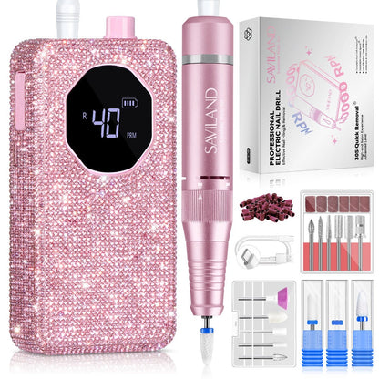 Electric Nail Drill 40000 RPM Rechargeable Professional Nail Drill Machine 4000mAh Battery LCD Display Ceramic Bits Sanding Bands