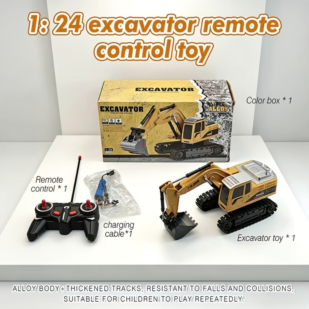 RC Excavator Toy 1:18 Scale 2.4GHz Remote Control with Metal Scoop 680-Degree Rotation Lights & Sound
