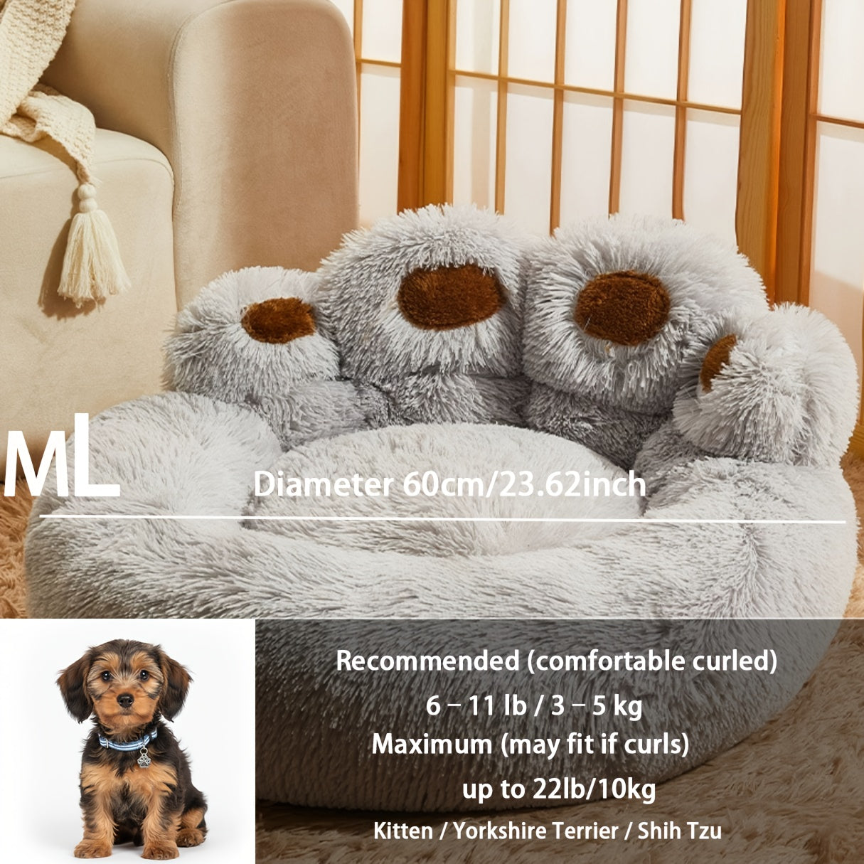 Plush Dog Bed Bear Paw Design – Thickened Soft Warm Pet Cushion Bed for Dogs & Cats, Non-Slip Bottom, Extra Large Cat Bed