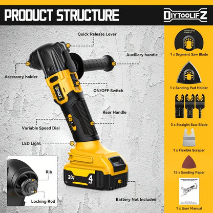 Oscillating Multi Tool Brushless Cordless Compatible with DeWalt 20V / 18V Battery, 21000 OPM Variable Speed