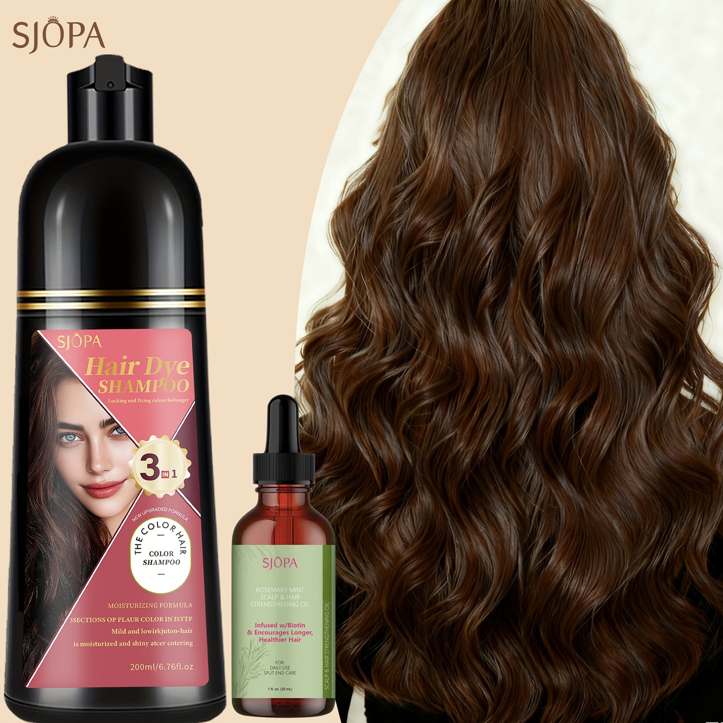 Hair Color Shampoo, SJOPA 3-in-1 Bottle-and-Dropper Set with 10 Rose, Brown, Purple and Black Color Options