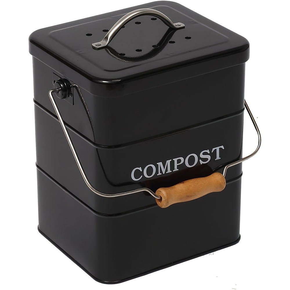 Kitchen Compost Bin 1 Gallon with Charcoal Filter & Wooden Handle, Odor-Free Indoor Countertop Food Waste Bin