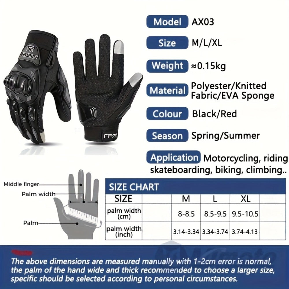 Full-Finger Motorcycle Gloves with Segmented Knuckle Shell, Wrist Tabs, Black or Red in M to XL