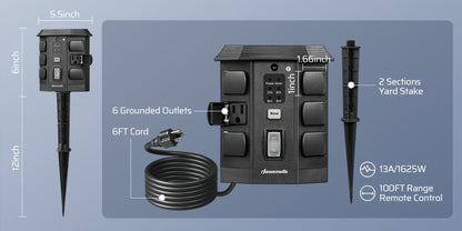 Outdoor Power Stake Timer 6 Outlet, 100FT Wireless Remote Control, Dusk to Dawn Photocell Sensor