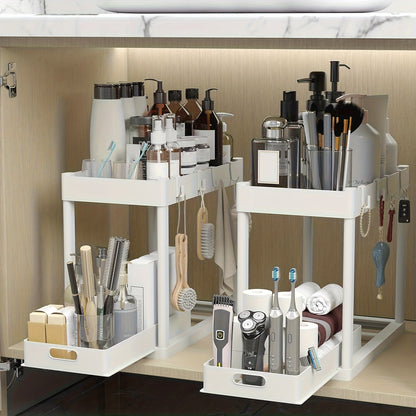 Under Sink Storage Organizer 2-Piece Double-Tier Sliding Basket with 8 Hooks in Four Color Styles