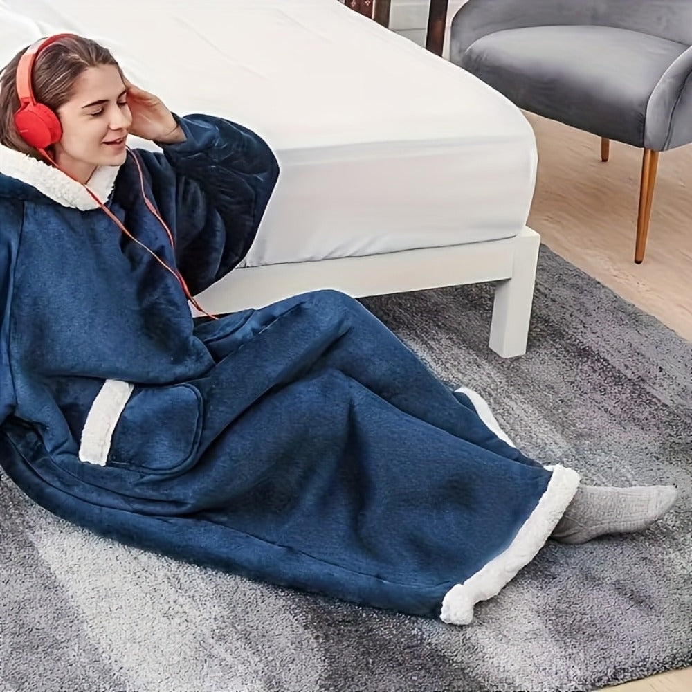 180cm Wearable Blanket Hoodie with Hood, Sleeves, Front Pocket and Four Solid or Plaid Color Options