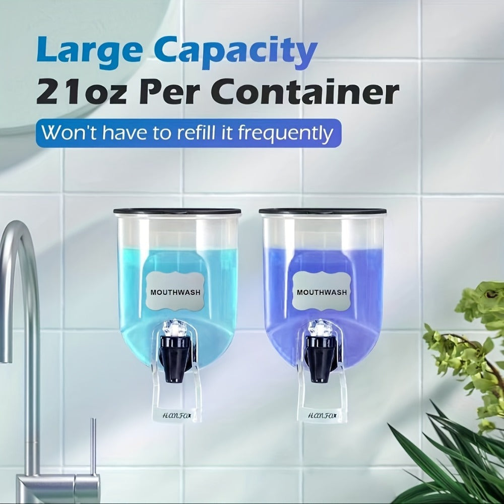 Mouthwash Dispenser Wall Mounted 2-Pack 21 oz Plastic Container - No Electricity Required for an Everyday Personal Care Routine