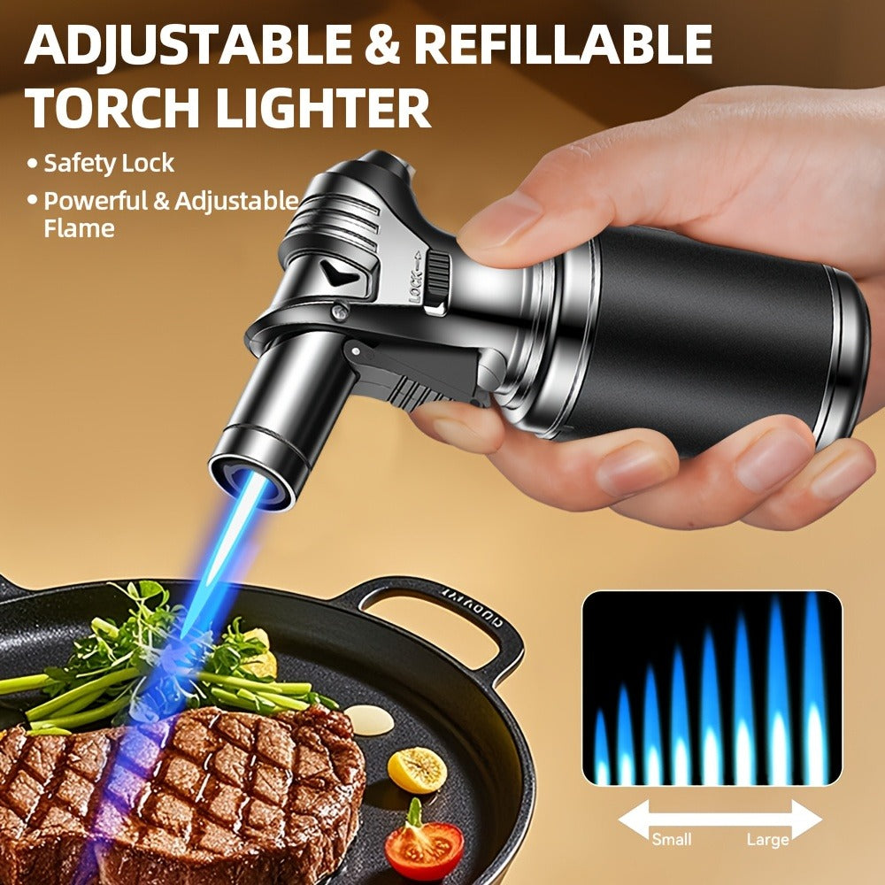 Big Tank Kitchen Butane Torch Lighter Adjustable Flame & Safety Lock - Refillable Blow Torch with Refill Adapters for Creme Brulee