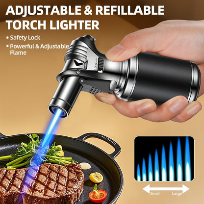 Big Tank Kitchen Butane Torch Lighter Adjustable Flame & Safety Lock - Refillable Blow Torch with Refill Adapters for Creme Brulee