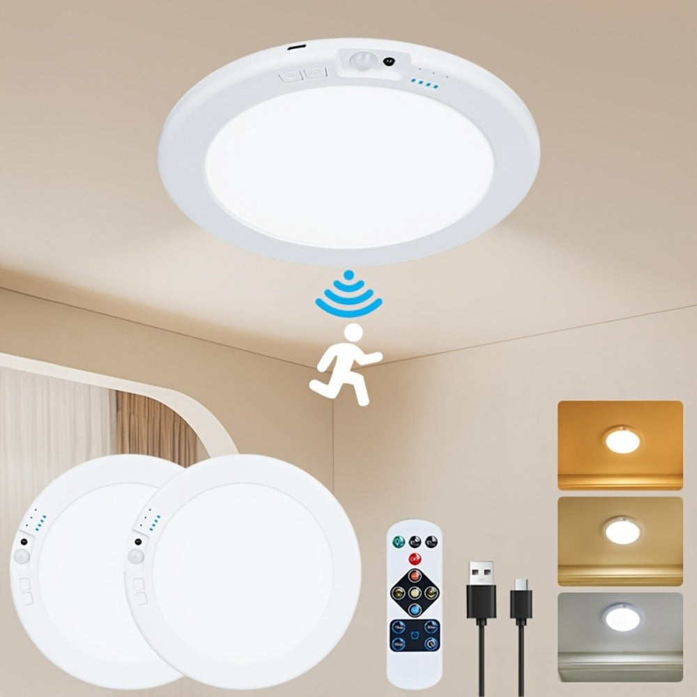 LED Ceiling Light, Wireless Motion Sensor 2 Pack 5500mAh Rechargeable, Remote Control, 3 Brightness Modes