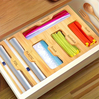 Bamboo Ziplock Bag Organizer Box for Kitchen Drawer – Adjustable Dividers, Compatible with Gallon Quart Sandwich Snack Bags