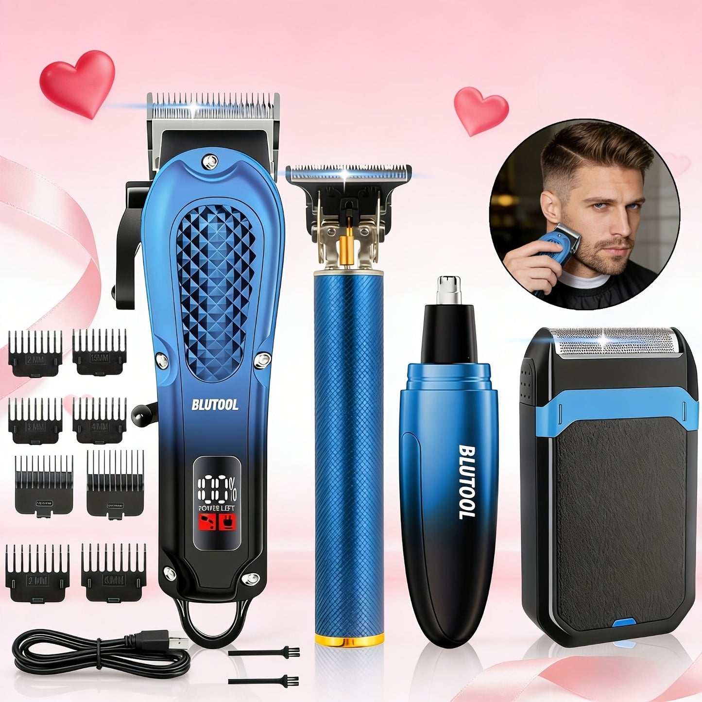 Men's Grooming Set USB Rechargeable Hair Clipper Electric Shaver Nose Ear Hair Trimmer for Everyday Face, Beard and Body Grooming