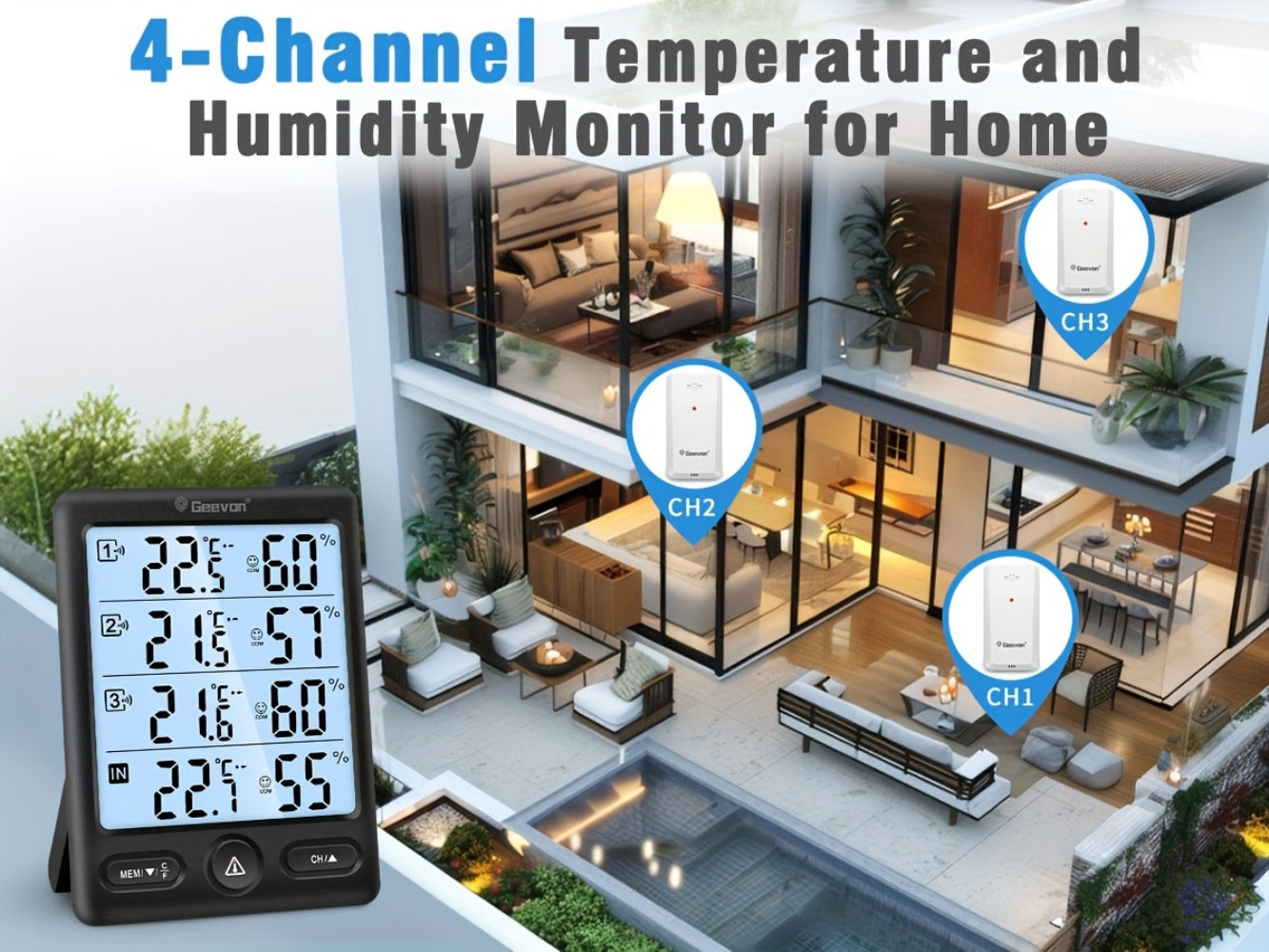 Indoor Outdoor Thermometer Wireless with 3 Remote Sensors - Digital Hygrometer Temperature Humidity Monitor