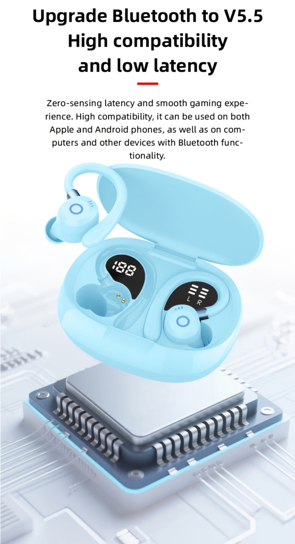 Wireless Earbuds Stereo In-Ear with LED Display Case, Touch Controls and Black, Blue or White Options