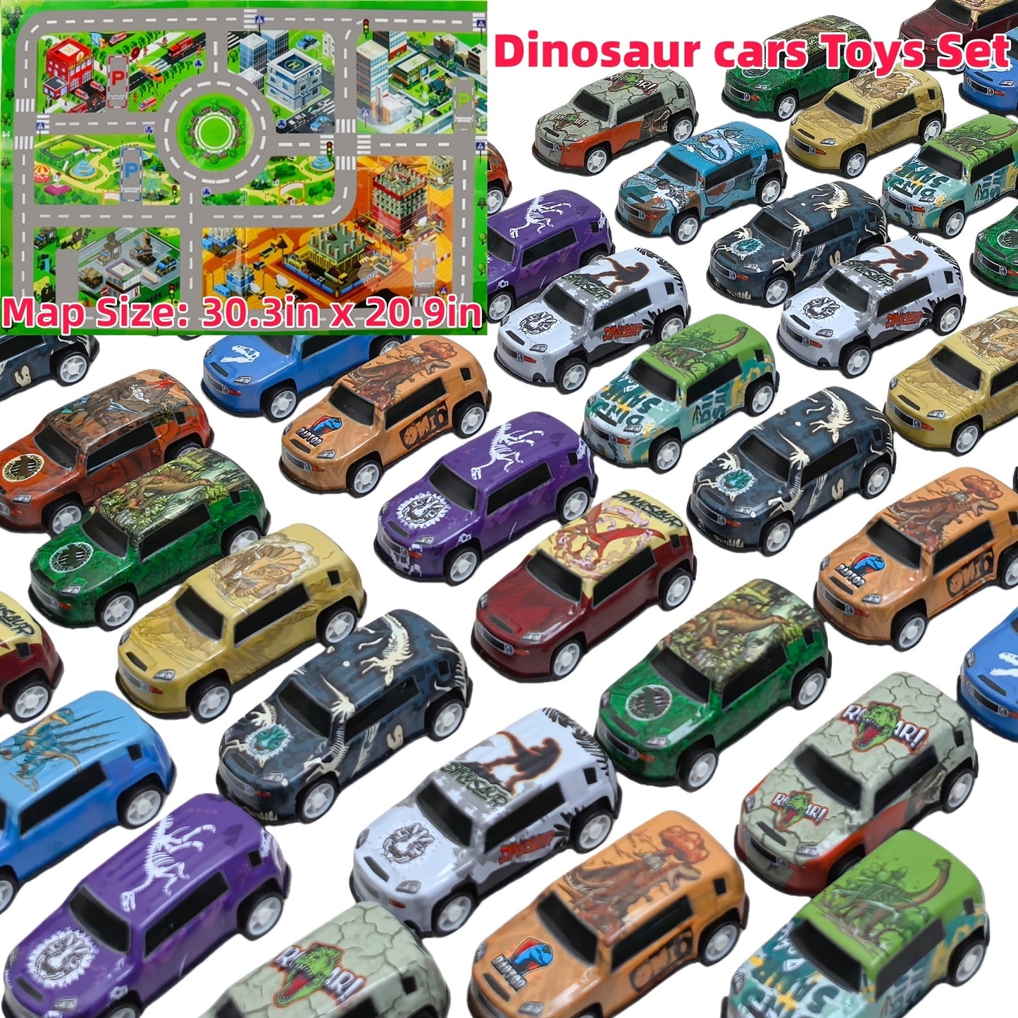 Dinosaur Toy Car Set 29-30pcs, Mini Pull Back Racing Cars with T-Rex Spinosaurus Pterodactyl Figures & City Traffic Map