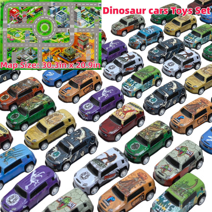 Dinosaur Toy Car Set 29-30pcs, Mini Pull Back Racing Cars with T-Rex Spinosaurus Pterodactyl Figures & City Traffic Map