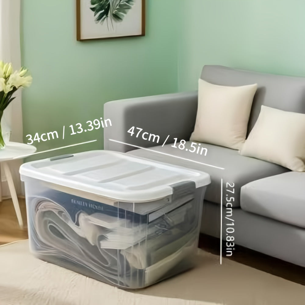 Four-Pack 46-Quart Clear Storage Bins with Latching Lids, Side Handles and Stackable Shape