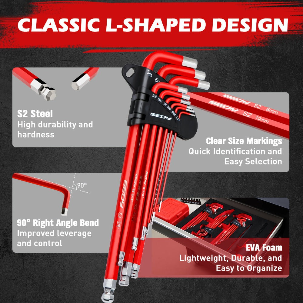 Hex Key & Torx Wrench Set 30-Piece – Long Arm Ball End Allen Wrenches with T-Handle & Extension Bar | SAE