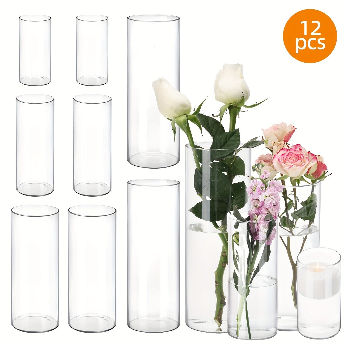 Clear Glass Cylinder Candle Holder Vases 12/24/36/48 Pcs, 4 6 8 10 Inch Tall Hurricane Floating Candle Vase