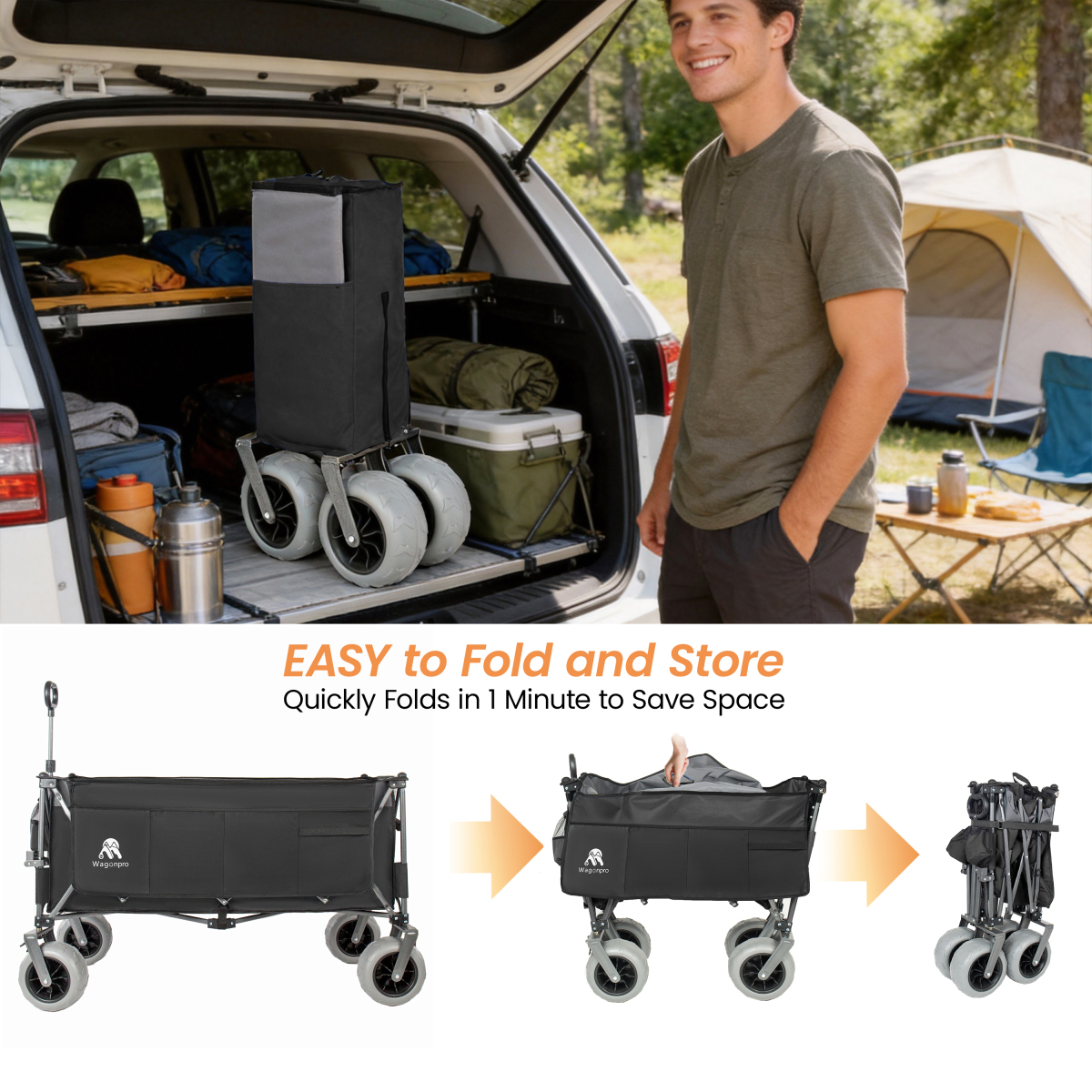 Folding Wagon 52 Inch Utility Cart Collapsible Beach Wagon with Frame for Garden Sports Camping Outdoor