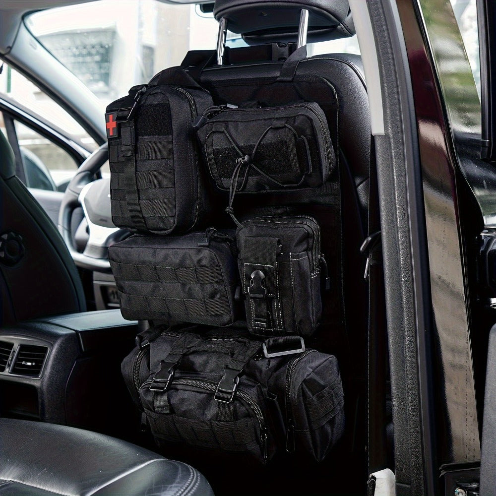 Tactical Car Seat Organizer – MOLLE Nylon Seat Back Storage Bag with 5 Pockets, Front & Rear Seat Protector for Jeep, Truck