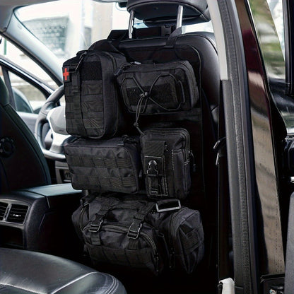 Tactical Car Seat Organizer – MOLLE Nylon Seat Back Storage Bag with 5 Pockets, Front & Rear Seat Protector for Jeep, Truck