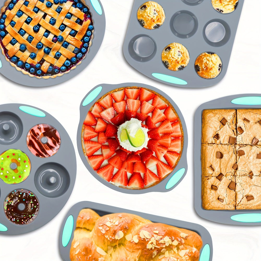 Silicone Bakeware Set with Cake Molds, Muffin Pan, Donut Pan, Baking Sheet, Baking Cups & Measuring Cups Spoons