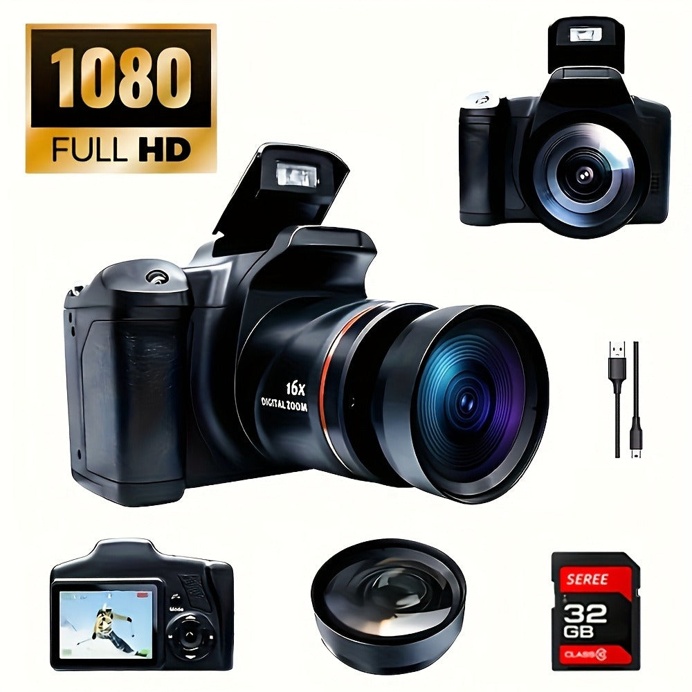 1080P Mini Digital Camera for Photography Vlogging 2.4" LCD 16x Zoom 9.88mm Wide-Angle Lens Compact Travel Camera with 32GB Memory Card