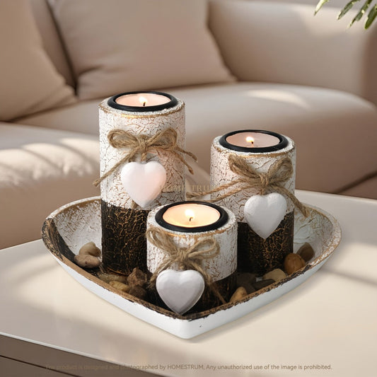 Wooden Candle Holder Set of 4, Love Heart Tray, Tea Light Holder, Knot Bow Decoration & Decorative Stone Bowl for Home Decor