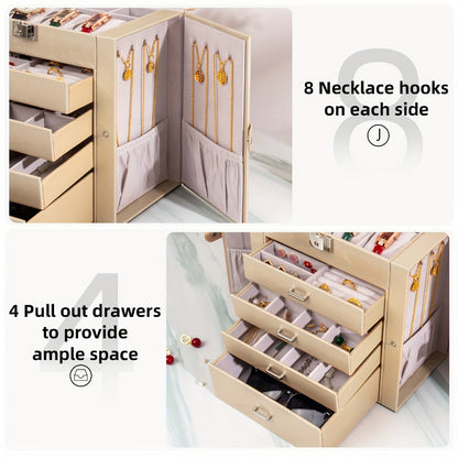 Jewelry Box, Five-Tier PU-Leather Organizer with Built-In Mirror, Key Lock and Three Color Options