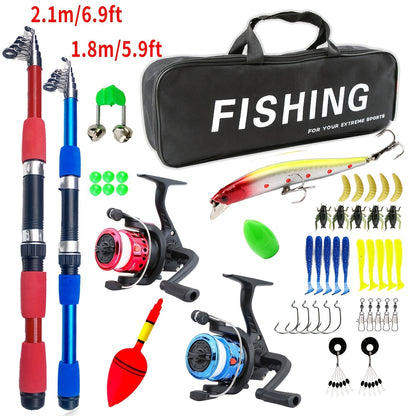 Beginner Fishing Rod & Reel Set – Couple Double Rod Wheel Kit with Red & Blue Fishing Poles 70.87" & 82.68"