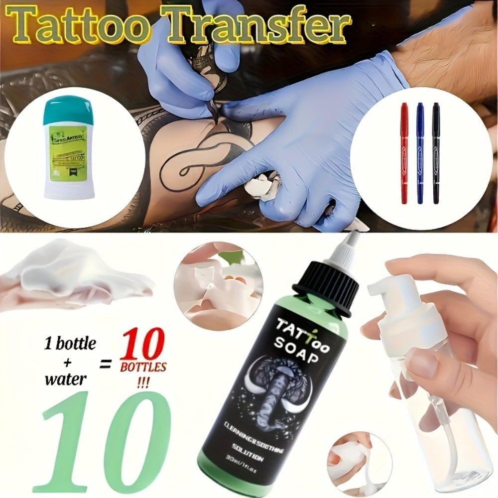 Tattoo Transfer Kit Complete Set with Ink Gel Green Soap Solution & Stencil Markers for Temporary Body Art, Festivals and Costumes