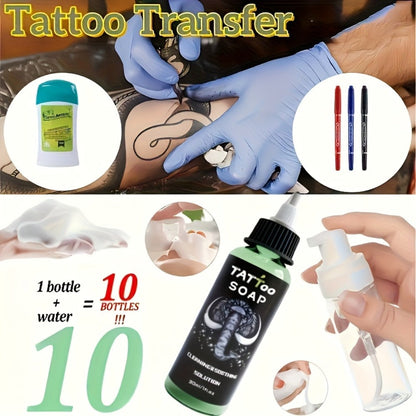 Tattoo Transfer Kit Complete Set with Ink Gel Green Soap Solution & Stencil Markers for Temporary Body Art, Festivals and Costumes