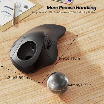 Wireless Trackball Mouse, Rechargeable Bluetooth & 2.4G, 44mm Index Finger Rollerball, 5 DPI Levels