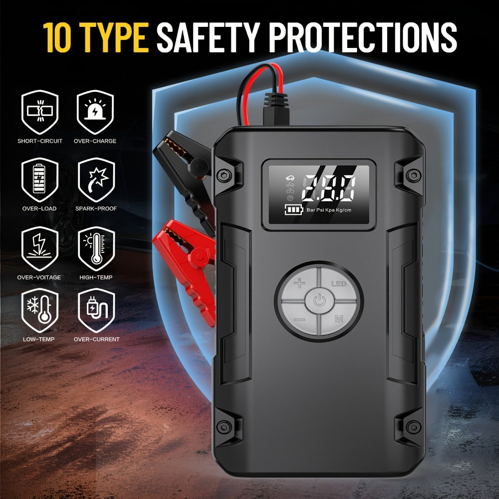 Jump Starter 10000A 7-in-1 with Air Pump – 150PSI Tire Inflator, Portable Battery Booster for Gas & Diesel, USB & USB-C Power Bank