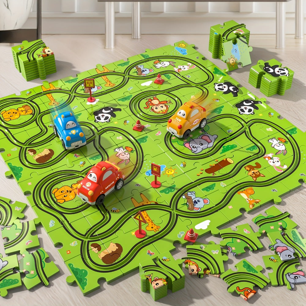 Jigsaw Puzzle Race Track Car Set Toy for Boys Kids, 39 56 73 PCS Flexible Building Track with Toy Cars
