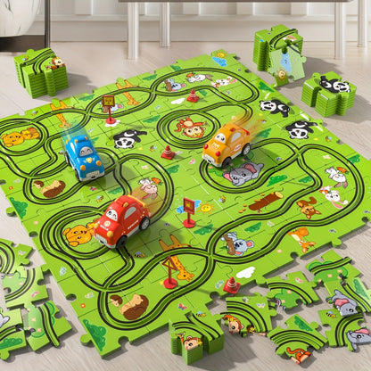 Jigsaw Puzzle Race Track Car Set Toy for Boys Kids, 39 56 73 PCS Flexible Building Track with Toy Cars