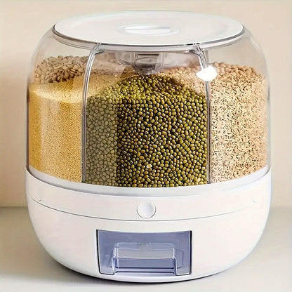 Food Storage Container Rotating Grain Dispenser with Six Compartments, Clear Dome and Front Drawer Outlet