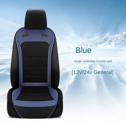 Powered Car Seat Cushion with Dual Fans, 24-Vent Center, 12V/24V Marking and Brown, Blue or Black Options
