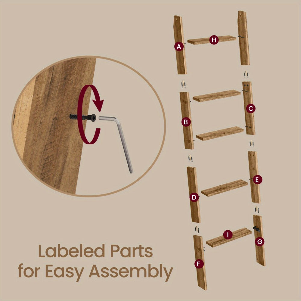 Blanket Ladder Shelf 5-Tier Freestanding Wood Ladder Rack for Blankets Towels Books Decor for Laundry Rooms, Closets and Home Organization